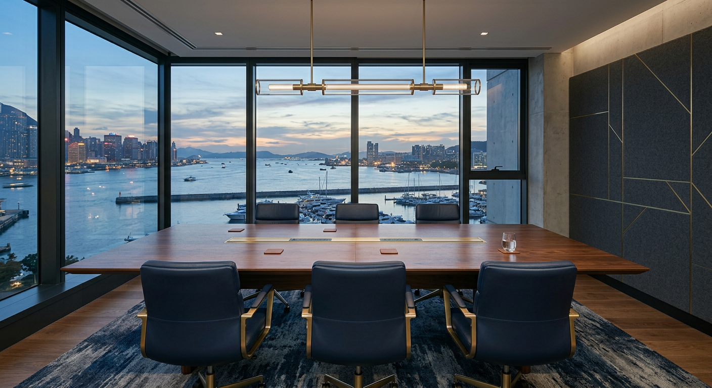 A quiet boardroom overlooking a harbor at dusk